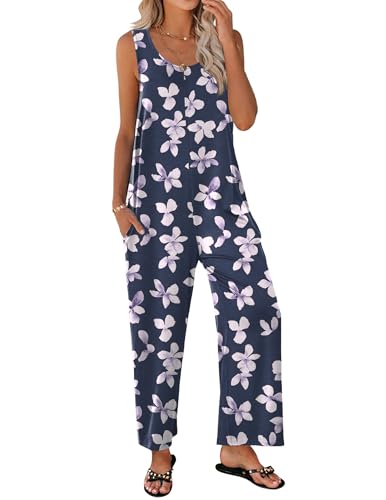 Ekouaer Sleeveless Jumpsuits for Women Casual Summer Scoop Neck Tank Rompers Wide Leg Pants Overall Jumpers with Pockets Flower Medium