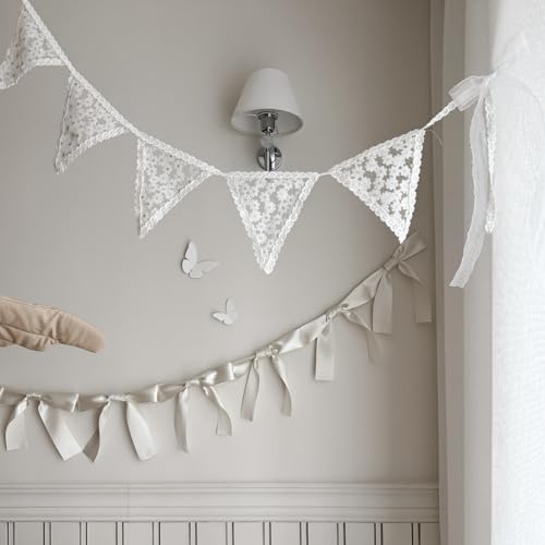 Image of Bow Knot Garland | 6ft Linking Satin Bow Banner with 3ft Extend Ribbon for Coquette Bachelorette Party, Baby Shower,Bridal Shower Wedding Baby Room Bed Decor (Lace Pennant Banner, 4.9ft)