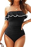 12 Best Off The Shoulder Two Piece Swimsuits for Women Over 50 (2026) 4 Holipick Black with White Strapless One Piece Swimsuits for Women Tummy Control Bandeau Bathing Suits Ruffle Slimming Swimwear L