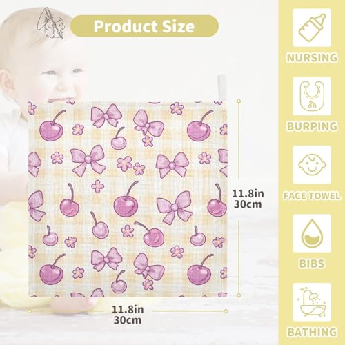 vvfelixl Gingham Cherry Bow Baby Burp Cloths Baby Muslin Washcloths for Boys Girls Cotton Babys Face Towel for Newborn Infants Soft and Absorbent 11.8 X 11.8 in, 5 Pack4
