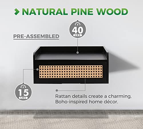 Floating Nightstand, Small Rattan Nightstand With Storage Drawer, Wall Mounted Wood Nightstands, Black Bedside Tables Shelf, Rustic Side Table Mid Century Night Stands For Bedroom Living Room Office #TOP4