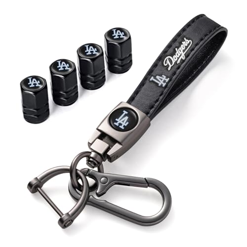 Car Keychain with 4Pcs Valve Stem Caps for LA Dodgers Baseball Fans Dodgers Black Tire Dust Caps Set Tyre Valve Covers & Keyring Combo for Auto Accessory