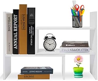 Hossejoy Adjustable MDF Desktop Bookshelf Desk Storage Organizer Display Shelf Rack, Counter Top Bookcase,White