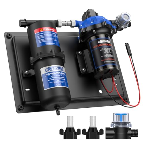 CrestWave RV Water Pump 12V DC 7GPM 70PSI and 1L 125PSI Pre-Pressurized Accumulator Tank, Quiet RV Water Pump and Accumulator Tank System for RV Camping, Boat, Kitchen, Bathroom