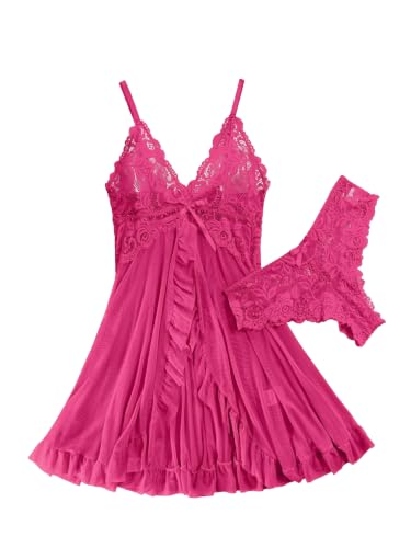 Image of Foxiny Sexy Ruffle Sheer Mesh Lace Wireless Babydoll Lingerie Dress with Thong 2 Piece