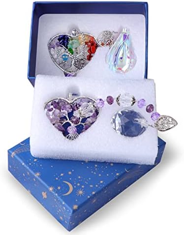 Set of 2 Crystal Rainbow Chakra Suncatcher for Window Indoor, Handmade Sun Catchers Hanging Ornaments Crystal Ball Prism, Heart-Shaped Tree of Life Pendant Decorations for Garden