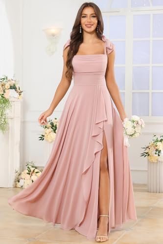 Square Neck Bridesmaid Dresses for Wedding with Slit Long Spaghetti Straps A-Line Chiffon Evening Formal Dresses3