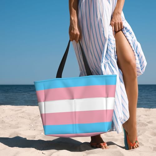 Transgender Pride Flag Beach Bag Women Tote Bag Pool Bag With Zipper For Gym Grocery Travel With Wet Pocket4
