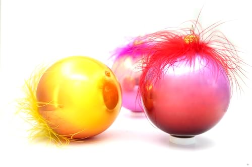 Ornex Ornamental Set (Diameter 7 cm) in Hand-Blown and Decorated Glass with Feathers for Christmas Tree, Assorted Colours, Multicoloured, 6 Balls Diameter 7 cm, 6 Pieces