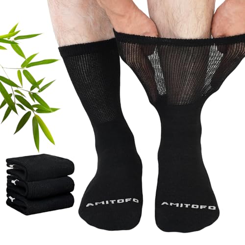 Image of LOFIR Diabetic Socks for Men Women: Bamboo Extra Wide Crew Sock with Loose Fit Soft Top - Non Elastic Gentle Seamless Thick Cushioned Sole for Swollen Feet Ankles Legs 3 Pairs Size 9-11 Black