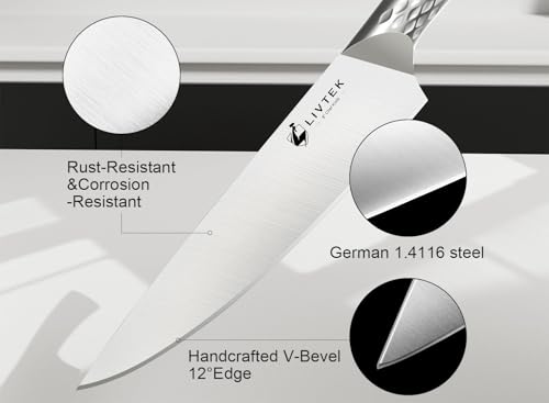 Livtek Kitchen Knife Set with Block: 15-Piece German Stainless Steel with Dual Sharpener for Cook Enthusiasts - Covers 95% Kitchen Tasks - Silver Full-Tang Ergonomic Handle, Dishwasher Safe, Gift Box - Image 4