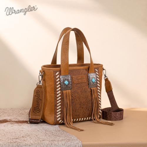 Image of Montana West Wrangler Cowhide Tote Bag for Women Western Tooling Handbag Leather Fringing with Turquoise Stone Concho