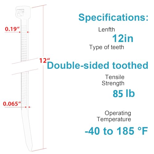 12 Inch Zip Ties Double Sided Toothed (Bulk 1000 Pack),85 LBS Tensile Strength Heavy Duty Cable Wire Ties With Self-Locking Adjustable More Durable Nylon Tie Wraps for Indoor Outdoor by JIANYANG - Image 2