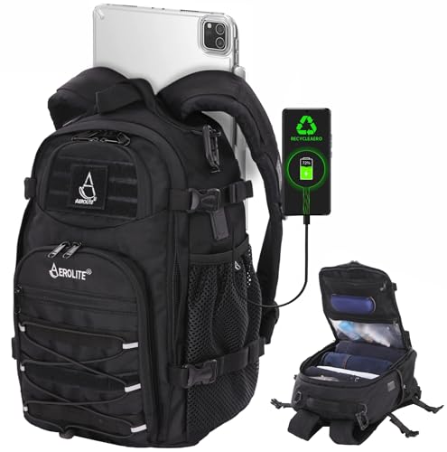 Aerolite 40x20x25cm Ryanair Maximum 20L Tactical Backpack Eco-Friendly Shower-Resistant Camping Hiking Trekking Travel Carry On Hand Cabin Luggage Flight Rucksack Bag 40x20x25 Ryanair Approved Black