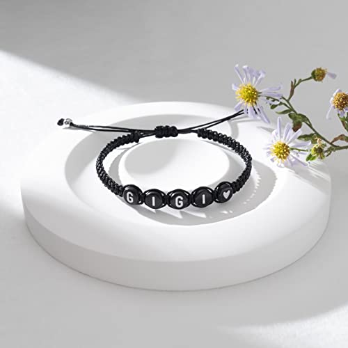 Image of Braided Rope Bracelet Adjustable Jewelry for Family Sisters Mom Grandma BFF | Adjustable black woven rope bracelets with personalized letter engraving.gifts for family, sisters, grandma & best friends