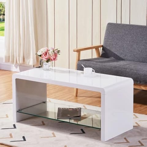 GOLDFAN High Gloss Coffee Tables Modern Rectangular End Table with Glass Storage Shelf Side Table for Living Room Home Furniture,White Cover