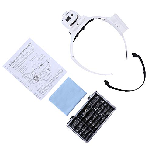 YOCTOSUN Head Magnifier with 5 LED Lights, Hands Free Headband Magnifying Glass with 5 Interchangeable Lenses 1.2X 1.8X 2.5X 3.5X 4.5X, Great Magnifying Glasses for Jewelry, Arts and Crafts, Hobby
