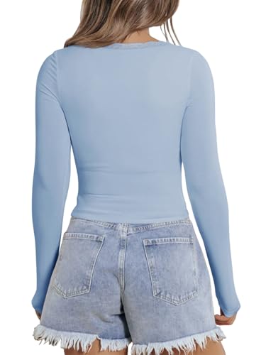 PINKMSTYLE Womens Long Sleeve Shirts Regular Tops Basic Double Layering Tight Slim Fit Y2K T Shirts Winter Clothes 2025 Light Blue XX-Large — view 5
