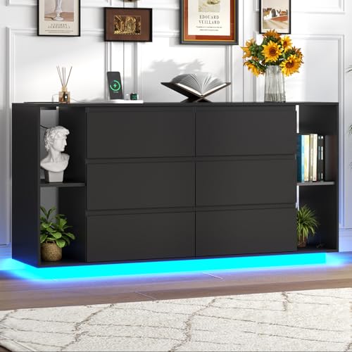 6 Drawer Floating Dresser with LED Lights, Modern White Drawer