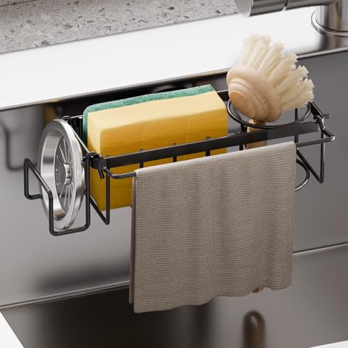 Image of TAILI 4-in-1 Sponge Holder for Kitchen Sink with Strong Suction Cup-Black | Removable Rustproof 304 Stainless Steel Multi-compartment Sponge Holder with Suction Cup, Keeps Brushes & Scrubbers Tidy