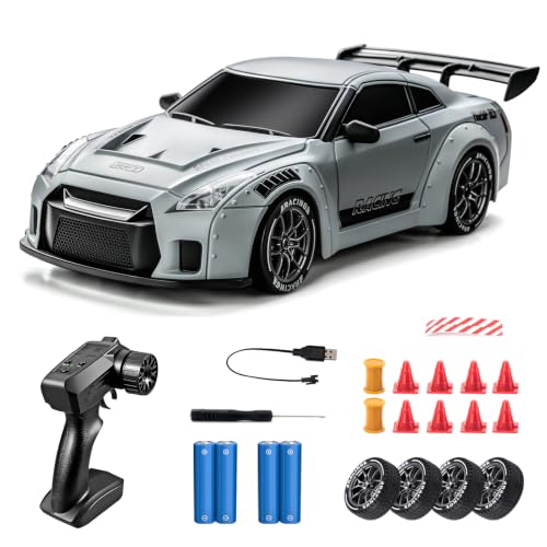 Image of RC Drift Car, Light Grey 1 /24 Remote Control Drift Car for Adults | 4WD 20KM /H High-Speed Widebody Design RC Sports Cars with LED Lights, Extra Tires, Vehicle for Boys Beginner Indoor Outdoor