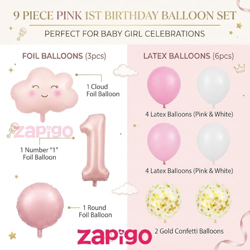 Image of Balloonistics 1St Birthday Pink Cloud Theme Happy Birthday Balloon Bouquet Pack Of 5