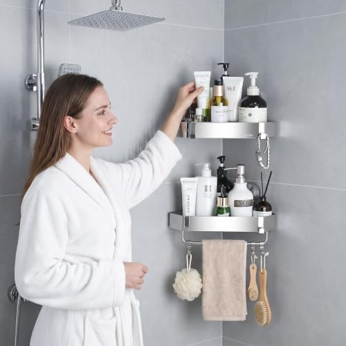 2 Pack Shower Caddy Suction Cup, Triangle Corner Shower Shelves No Drilling,304 Stainless Steel Organizer with Towel Bar & Removable Hooks, Bathroom Shelf Rack for Inside Showers, Rustproof Wall Mount