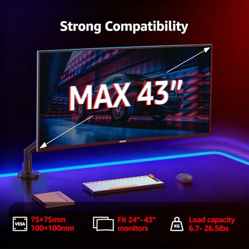 Image of Monitor Arm Stand, 24 to 43 Inch Single Monitor Mount, C Clamp Only, Mechanical Spring Desk Mount, Holds 6.6-26.4 lbs, Fit 75x75 /100x100 VESA,(Black)