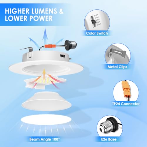 ANWIO Recessed Lighting 4 Inch, 16 Pack 5CCT Flat Retrofit LED Recessed Lights Can Needs, 2700/3000/4000/5000/6000K Selectable Can Lights 7W(85W Equivalent) CRI 80+ Dimmable E26 Base IC Rated & ETL by ANWIO - Image 5