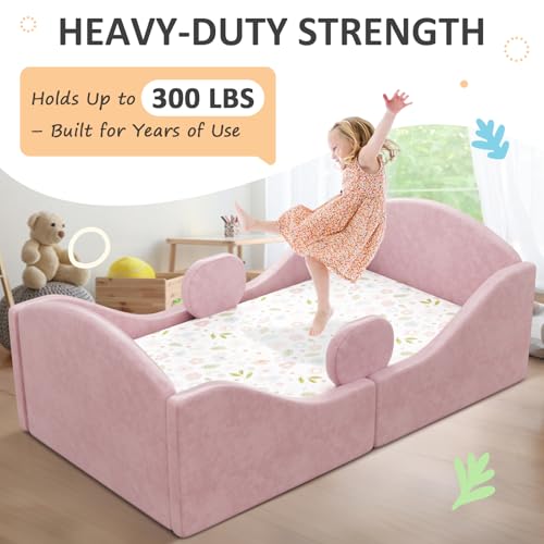 whiffee Toddler Bed, Certified Toddler Floor Bed with Removable Safety Rails, Standard Crib Size Ultra Soft Upholstered Kids Transition Bed for Girl Boy (Mattress Not Include) (Pink)