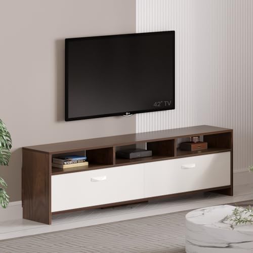 Image of BLUEWUD Mannsae Engineered Wood Floor TV Cabinet /Entertainment Unit /Set Top Box Stand /TV Table Panel with Shelves for Books & Decor Display Unit Living Room Upto 65 Inches - DIY (Brown Maple & White)