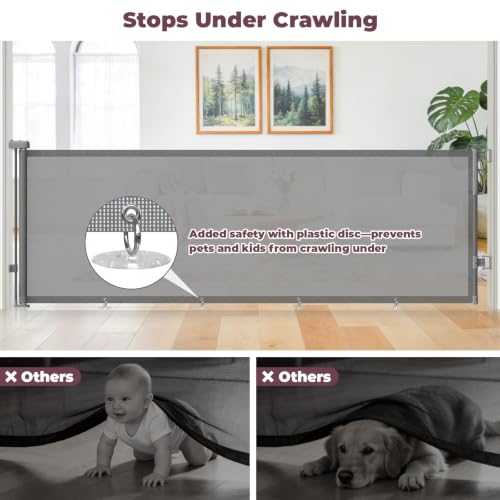 Image of 96 inch Retractable Baby Gate, Long Mesh Dog Gate for Garage Deck Porch | Strong Suction Disc Prevent Crawling Under, 34 inch Tall Child Safety Gate for Large Openings, Indoor Outdoor Use, Gray