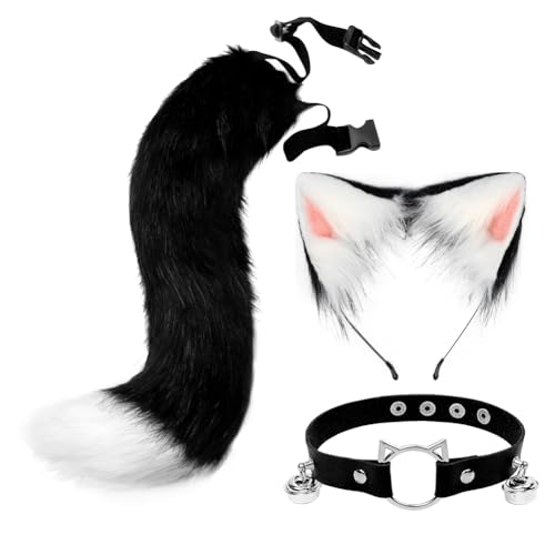 Women Cat Fox Ears Headband Tail Choker Set Faux Fur Cute Cat Cosplay Hair Hoop Long Tail Collar Kit Animal Fancy Dress Up Fluffy Halloween Carnival Role Play Party Costume Accessories (Black)