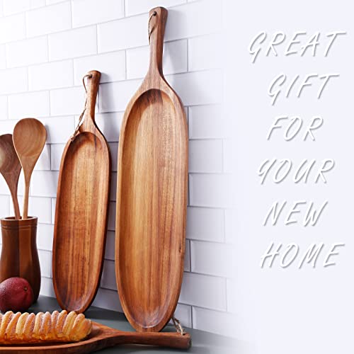 Set Of 2 Acacia Wood Serving Trays,Oval Long Wooden Tray Plates For Serving Food,House Warming Gifts New Home Decor,Handmade Snack Board Bread Sushi Fruit Trays For Party #TOP3