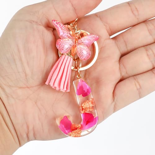 MWOOT Letter Keychains Initiale Porte Clef Lettre J,Alphabet Initial Keyring avec Papillon Pendentif,Rose Pétales Feuille D'or Key Ring pour Femmes Filles Portefeuilles Sac à Main Charme(J) – vue 6