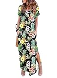 Women's Summer Maxi Dress 2024 Casual Short Sleeve V Neck Boho Print Loose Maxi T-Shirt Dresses Split Pockets Beach Long Dress Pineapple, X-Large