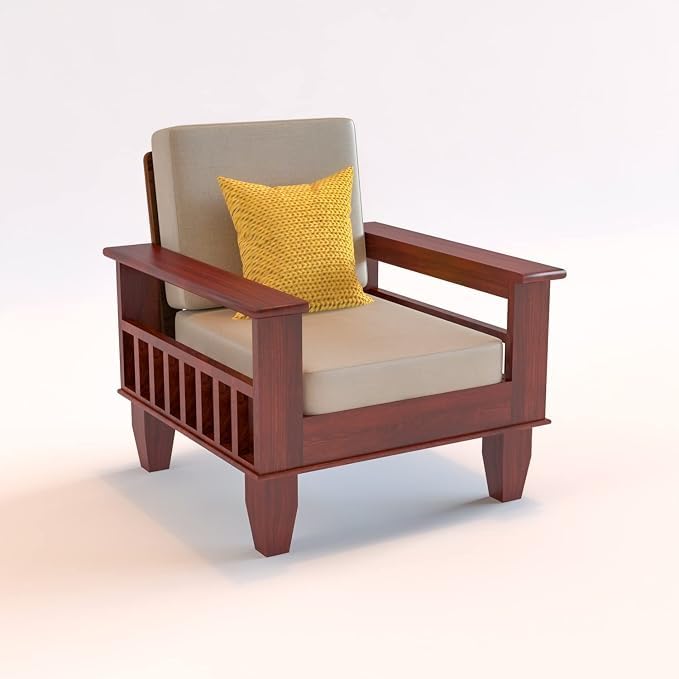 Image of Sheesham Wooden 1 Seater Sofa for Living Room | Rosewood 1 Seater Cushion Sofa with Side Newspaper Holder for Home & Office | Solid Wood Sofa Set for Lounge (Mahogany)
