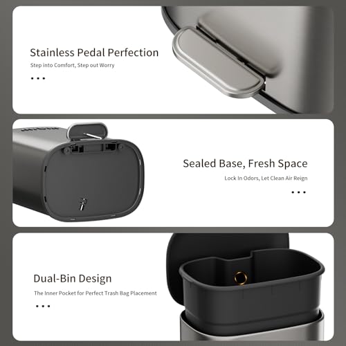 Image of MRBIN Stainless Steel Trash Can, Waste Basket for Small Bathroom Bedroom with Soft Close Lid and Foot Pedal, 6L / 1.6gal Office Garbage Bin Fingerprint-Proof Brushed Eclipse-Grey