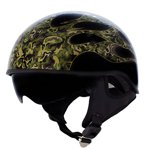 Hot Leathers Hld1047 Gloss Black 'Camo Skull Flames' Advanced Dot Skull Half Helmet With Drop Down Tinted Visor - X-Large #TOP23
