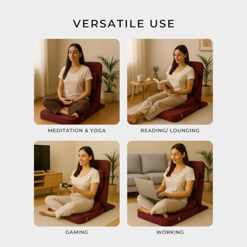 Image of Friends of Meditation Relaxing Buddha Meditation Chair | Detachable Rectangular Back Support & Zafu Cushion | Portable Folding Chair | Floor Chair with Back Support | Yoga Chairs for Adults | Maroon