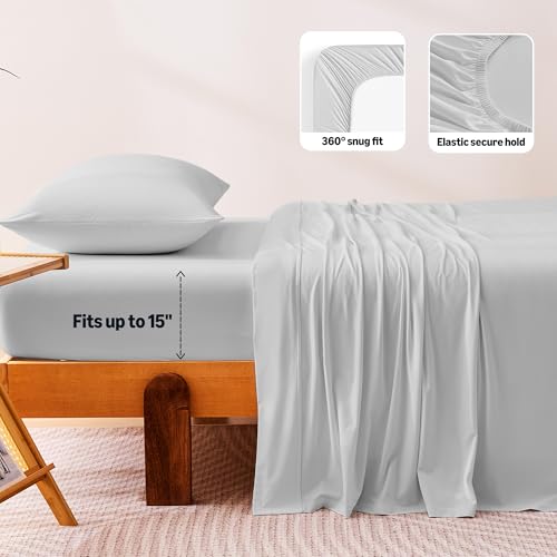 Image of Amazon Basics Cooling Sheets, 3-Piece Bed Sheet Set for Summer, Soft and Breathable for Hot Sleepers, Bedding with 1 Deep Pocket Fitted Sheet, 1 Flat Sheet, and 1 Pillowcase, Twin, Gray