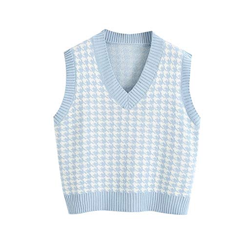 Sdencin Women Houndstooth Pattern Knit Sweater Vest Sleeveless Loose V-Neck 90S Waistcoat Pullover Knitwear Top Blue #TOP5