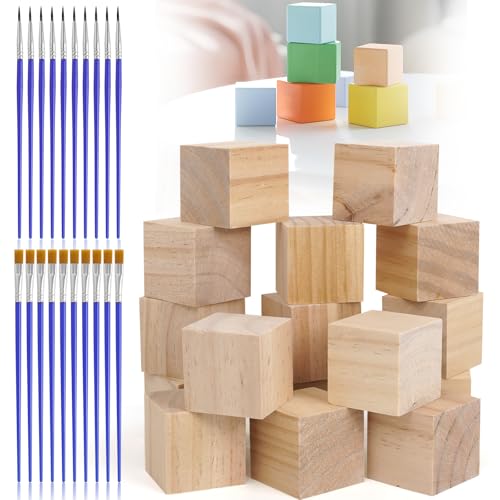 16 Natural Wooden Blocks, 5x5x5CM Solid Wood Square Blocks, Unfinished Smooth Wooden Cube, SquareWood Blocks Cubes with 2 Sets of Drawing Pens, Natural Decoration Square Blocks for Painting Carving