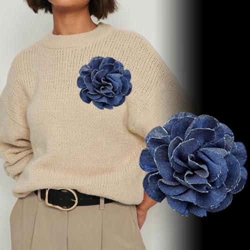 Image of PURPLELILY Blue Fabric Camellia Flower Brooches for Women Handmade Cloth Lapel Pin Corsage Fashion Jewelry Badge Cloth Accessories, 10cm /3.94inch, Denim Alloy