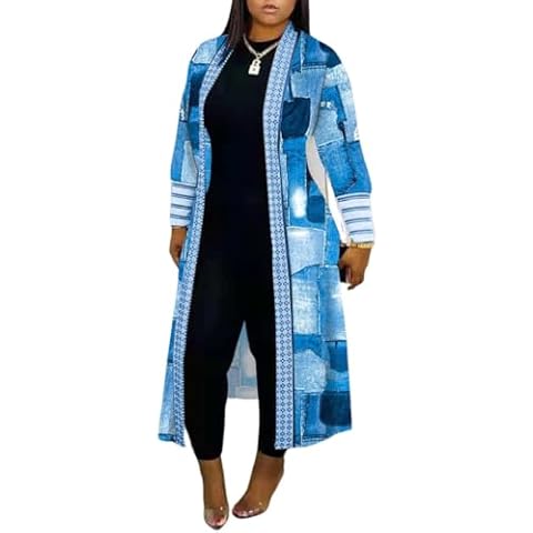ELFTOWN Women's Houndstooth Printed Lightweight Cardigan Long Sleeve Open Front Maxi Cardigan Coat (X-Large, Blue) Cover