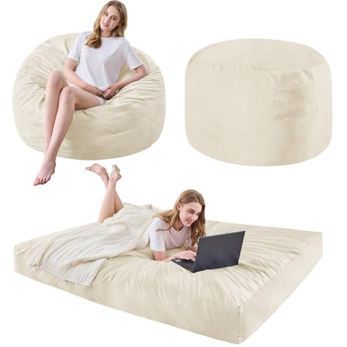 Bean Bag Chairs for Adults - Giant Bean Bag Chair Convertible Bean Bag Bed - Beanbag Chair with Micro Fiber Cover/Furniture Foam Filler - Floor Couch Sofa in Bedroom Dorm Room - Full Beige