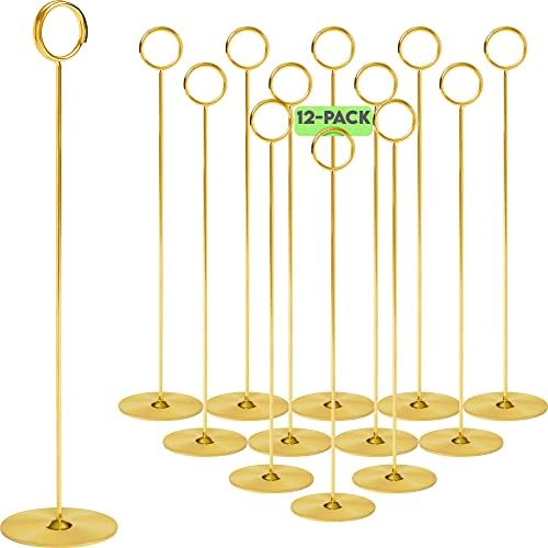 Place Card Holder, 8 in Tall, 12 pack, Gold, Table Cardholder Tabletop Menu Holder Harp-Clip Number Holder Recipe Holder Reserved Card Holder, For Restaurants, Weddings, & Banquets