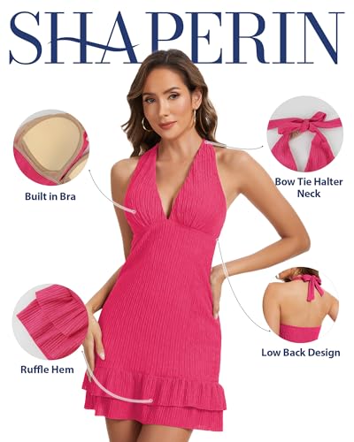 SHAPERIN Women's Summer Sexy Halter Deep V Neck Bodycon Mini Dress Built in Bra Ruffle Backless Party Club Short Dress Rose 2XL — view 3