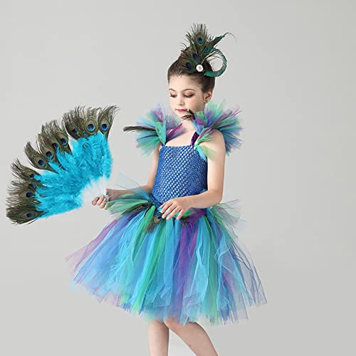 Girls 𝗣eacock Feather Tutu Mesh Dress Kids Princess Model Catwalk Performance Tail Dress Up Party Carnival 𝐂ostume3
