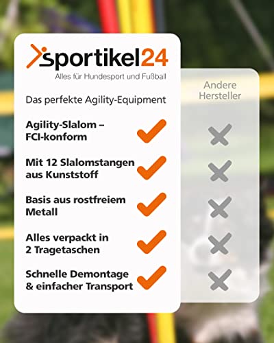 SPORTIKEL24 Agility-Slalom – Slalom für Turnier & Agility-Training – mit 12 Stangen & und Basis aus Metall – stabile Ausführung – FCI-konform – Set mit Tragetaschen